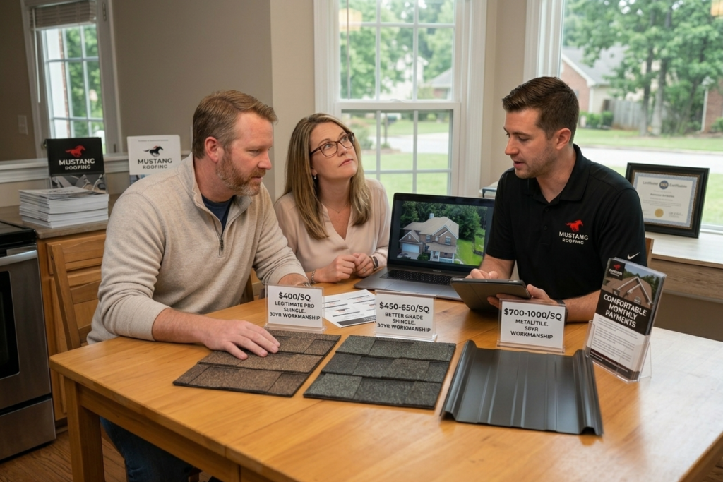 Professional roofing consultation in West Georgia showing a couple reviewing pricing options for architectural shingles and metal roofing with a Mustang Roofing contractor.