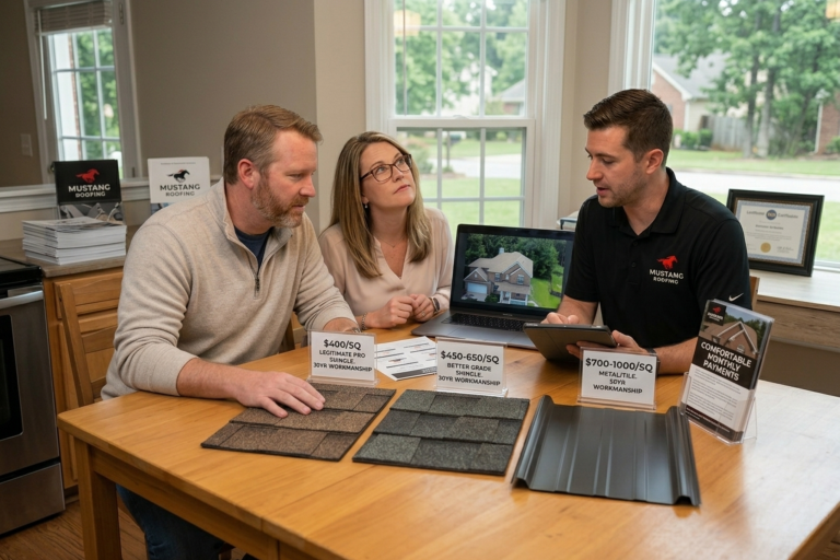 Professional roofing consultation in West Georgia showing a couple reviewing pricing options for architectural shingles and metal roofing with a Mustang Roofing contractor.